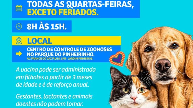 Centro de Controle de Zoonoses oferece vacinação contra raiva para cães e gatos