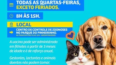 Centro de Controle de Zoonoses oferece vacinação contra raiva para cães e gatos