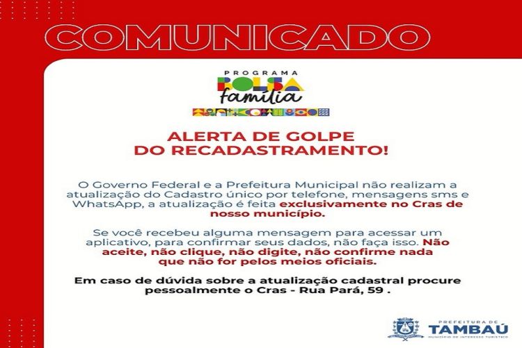 Tambaú alerta sobre golpe de recadastramento do Bolsa Família